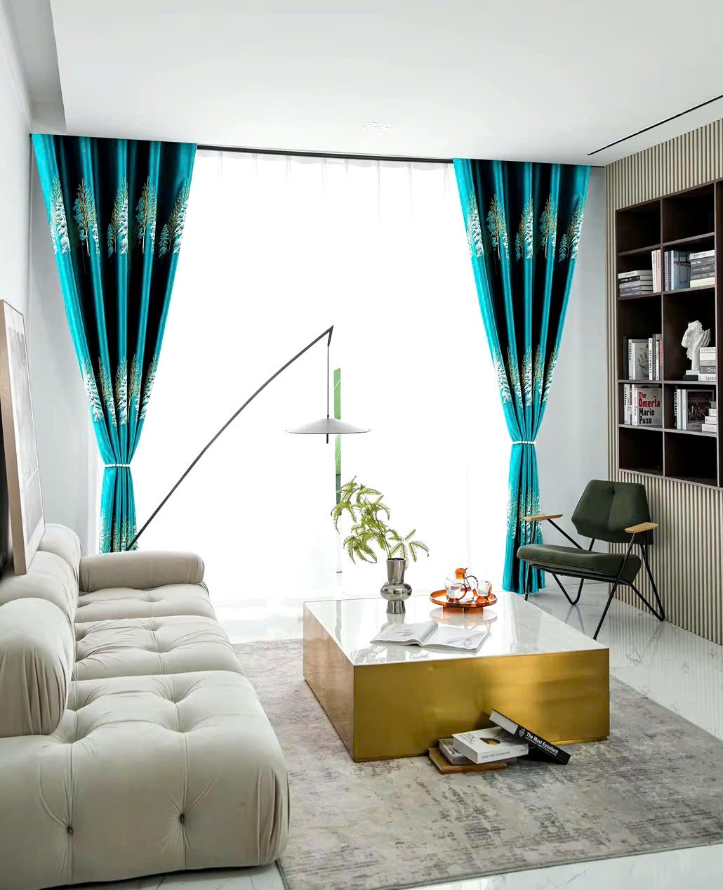 Mẫu rèm cửa đẹp, sang trọng cho phòng khách đón Tết 2025 Rèm cửa màu xanh giúp tạo sự cân bằng và hài hòa cho không gian